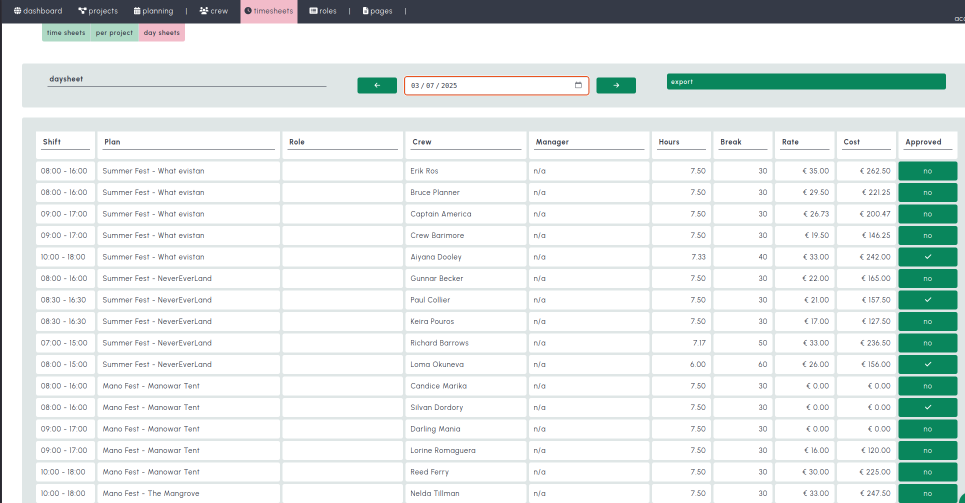 Day schedule screenshot