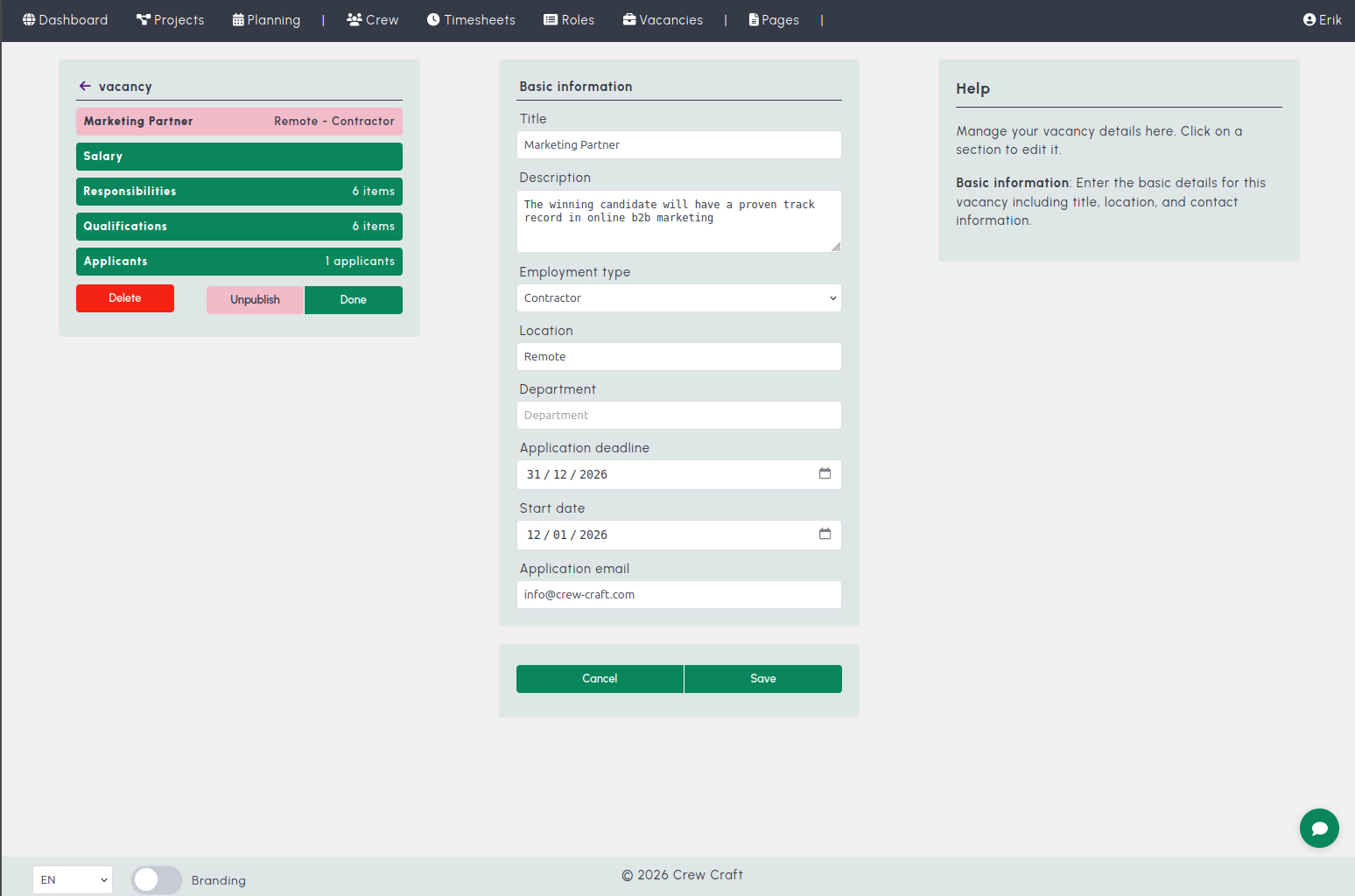 Vacancies module screenshot